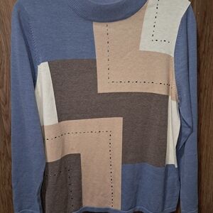 Allison Daley Blue and Beige Colorblock Turtleneck Sweater